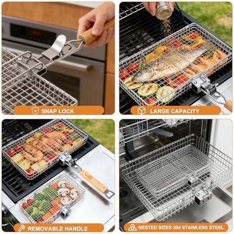 WILLBBQ Stainless Steel Grill Basket with Removable Divider, Gift Set - Image 4