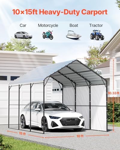 VEVOR Heavy Duty Metal Carport, 10' x 15' Outdoor Carport with Galvanized Steel Frame & Roof, Car Tent Garage Shade with Removable Sidewalls, Multi-Use Car Shelter for Pickup, Boat, Car & Tractors - Image 2