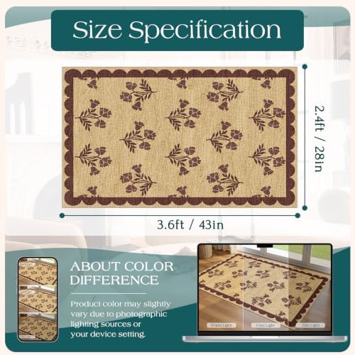 Floral Entry Rug - 28" x 43" Front Door Mat Indoor Outside Entrance Non-Slip Washable Outdoor Mat Jute-Look Burgundy Scalloped Rug for Entryway Kitchen Mudroom Layered Doormat for Front Porch - Image 2