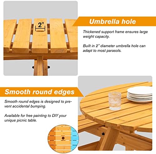 8 Person Wooden Picnic Table, Outdoor Camping Dining Table with Seat, Garden, DIY w/ 4 Built-in Benches, 2220lb Capacity - Natural - Image 6