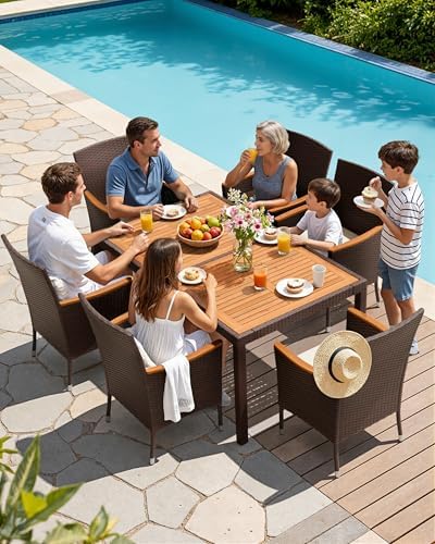 Flamaker Patio Dining Set for 6 Outdoor Acacia Wood Table and Chairs, Brown - Image 3