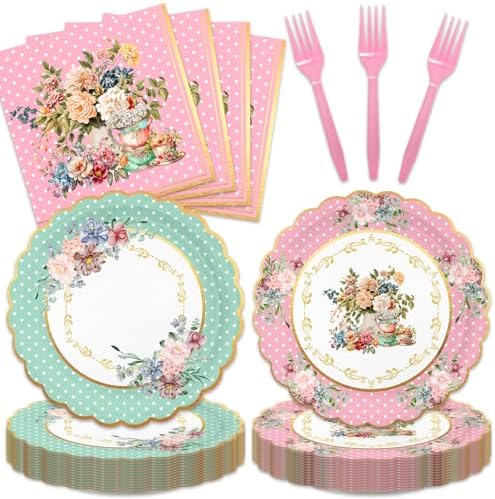 48pcs Floral Tea Party Decoration Set,16 Dessert plate,16 Napkin And 16 Fork,Floral Tea Disposable tableware for 16 persons,Used for Baby Shower Wedding Party Supplies by Unknown