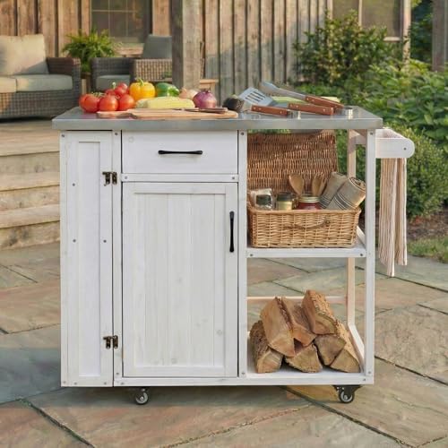 Outdoor Kitchen Island Cart with Stainless Steel Top, Rolling Grill Table with Storage Cabinet Drawer Shelves and Towel Rack, Wooden BBQ Prep Station with Lockable Wheels for Patio Backyard, White by GDFStudio