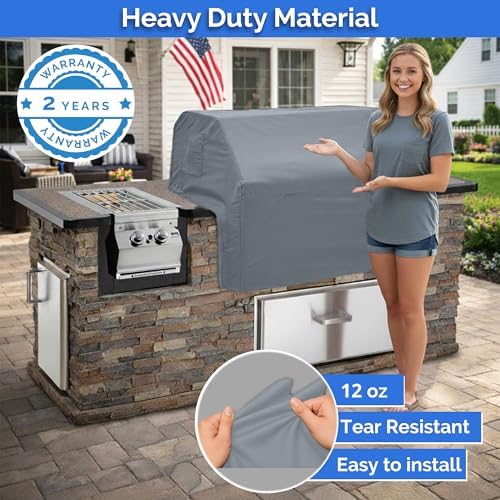 Covers & All Built-in Grill Cover for Outdoor Grill – Heavy Duty 12 oz Waterproof Built-in BBQ Grill Cover, PVC-Coated Polyester with Elastic Hem for Snug Fit (36 x 26 x 14 inches, Grey) - Image 5