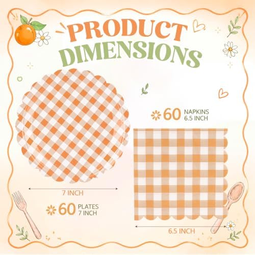 Roshtia 120 Pcs Orange Gingham Plates and Napkins Set for Fall Baby Shower - Image 2