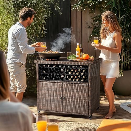 VINGLI Wicker Outdoor Bar Cart with Storage & Rolling Wheels, Patio Bar Table w/Shelf, Outdoor Storage Cabinet Buffet Cabinet Grill Cart for BBQ Pool Patio Kitchen, Brown - Image 2