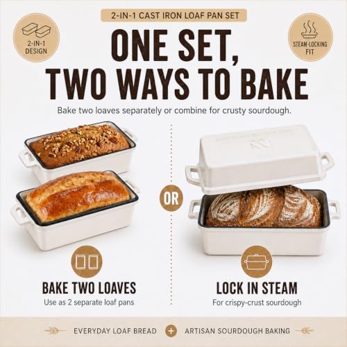 Northriver Casting 2 in 1 Enameled Cast Iron Bread Pan with Lid, Perfect Bread Oven, Loaf Pans for Baking Homemade Sourdough Bread 9x5, 2 Piece set, White - Image 4