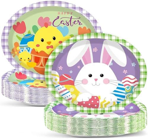 Qyeahkj 50 PCS Easter Oval Paper Plates Large 11' Disposable Bunny Party Decorations Colorful Easter Eggs Supplies Favor for Party Tableware Set by Qyeahkj
