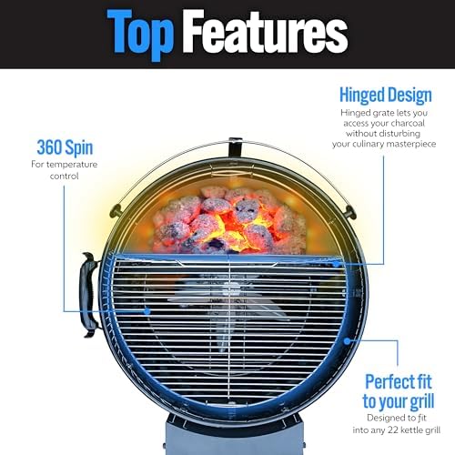 SnS Grills EasySpin Charcoal Grill Cooking Grate, 304 Stainless Steel, Large Hinged Opening, Perfect for 2-Zone Cooking, Replacement Grate Compatible with Weber & Other Grills - Fits 22” Kettles - Image 5
