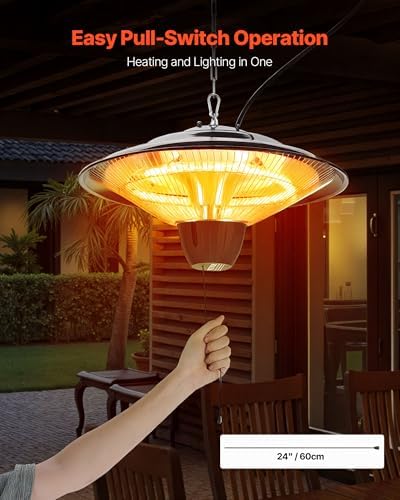 VEVOR Hanging Patio Heater, 1500W Electric Space Infrared Heater, IP34 Protection with 23.6 inch Pull Cord & Adjustable Chain, for Porch,Patio,Dining Room,Studio Outdoor/Indoor - Image 6