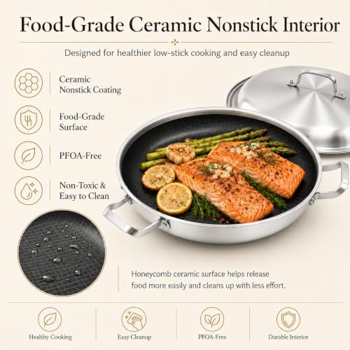 DELARLO 16 Inch Stainless Steel Nonstick Paella Pan with Lid - Image 7