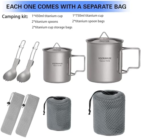 Titanium Mug Camping Pot Titanium Cup 420ml & 750ml Titanium Pot with Lid, Spork, Bag Lightweight Titanium Camping Pot for Backpacking Hiking Picnic and Traveling - Image 2