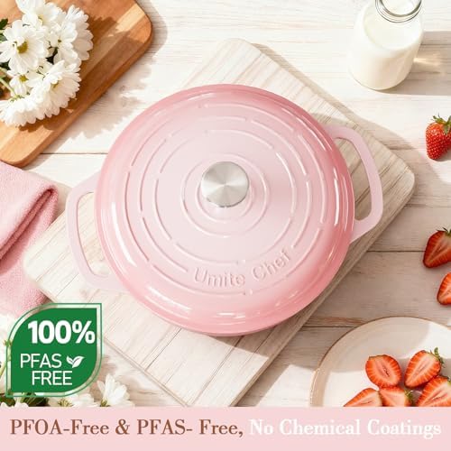 Umite Chef 6QT Enameled Cast Iron Dutch Oven with Lid, Versatile Heavy-Duty Cookware Pot for Baking Bread, Braising, Soups & Stews, Oven & Stovetop Safe with Heat Resistant Gloves(Pink) - Image 6
