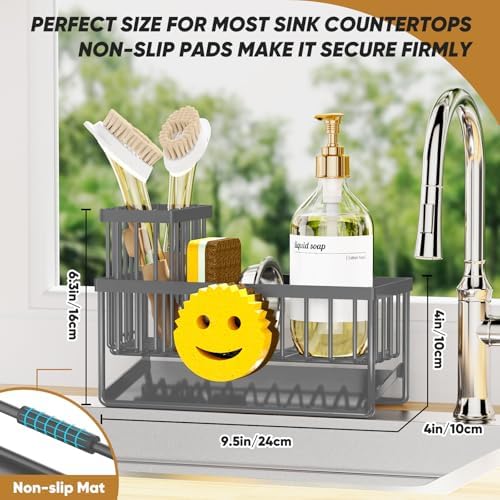 Sponge Holder for Kitchen Sink,Smiley Face Sink Caddy with Removable Brush Holder,Self-Draining Sponge Caddy for Soap,Dish Brush,Scrubber,Kitchen Essentials and Gadgets-Charcoal Gray - Image 2
