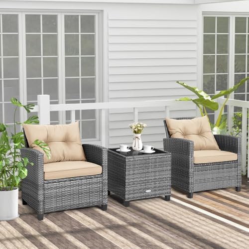 Tangkula 3 Pieces Wicker Patio Furniture Set, Outdoor Rattan Conversation Cushioned Chair Set with Tempered Glass Side Table, for Porch, Balcony and Garden - Image 4