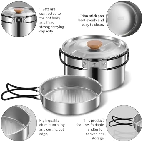 12pcs Outdoor Camping Cookware Kit, Lightweight Stainless Steel Kettle, Non-Stick Pot and pan, with Fork Spoon Kits Suitable for picnics and Backpacking Trips - Image 4