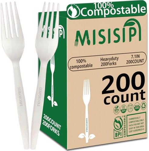 MISISIPI [7.1In 200Pcs] 100% Compostable Forks Biodegradable Forks HeavyDuty No Plastic Forks Eco-friendly HeavyWeight Disposable Forks Tableware Set for Lounge,Party,BBQ,Cafeteria,Wedding,Picnic by MISISIPI
