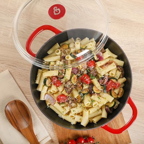 Crock Pot Artisan 5-Quart Enameled Cast Iron Braiser Pan With Oven Safe Borosilicate Glass Lid, Everyday Covered Skillet for Searing, Roasting, and Baking, Red - Image 5