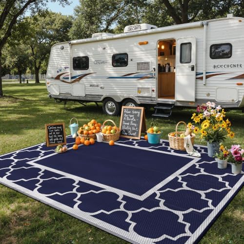 GENIMO Outdoor Rug, Waterproof Plastic Rugs for Patio, 9'x12' Blue White - Image 3