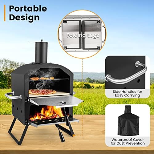 PETSITE Pizza Oven Outdoor, Wood Pellet Fired Pizza Oven with 12 Inches Pizza Stone & Waterproof Cover, 2-Tier Design Portable Stainless Steel Grill Pizza Maker for Outside Backyard Party - Image 4