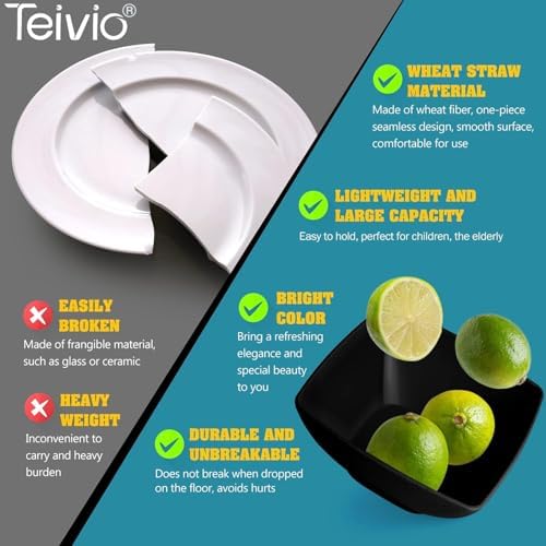 Teivio 32-piece Plastic Wheat Straw Square Dinnerware Set for 8, Unbreakable Dinner Plates, Salad Plates, Snack Bowls, Tumblers, Dishwasher Safe, Outdoor Kitchen Dinning RV Essentials Dish, Black - Image 3