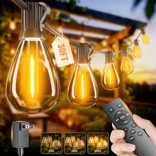 30FT Outdoor String Lights with Remote & Dimmable, 10+1 Shatterproof Waterproof Bulbs, Dimmable Outside Hanging Patio Lights for Backyard, Porch, Deck, Garden 2200K Warm White by Unknown