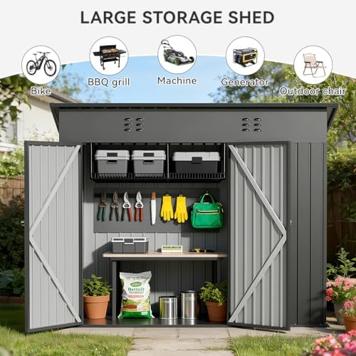 COMHOMA Shed Outdoor Storage Shed Metal,Lockable Doors Tool Sheds with Sloping Roof,Steel Garden Shed with Air Vent for Backyard,Patio,Lawn,Poolside(Gray,7'*3') - Image 4