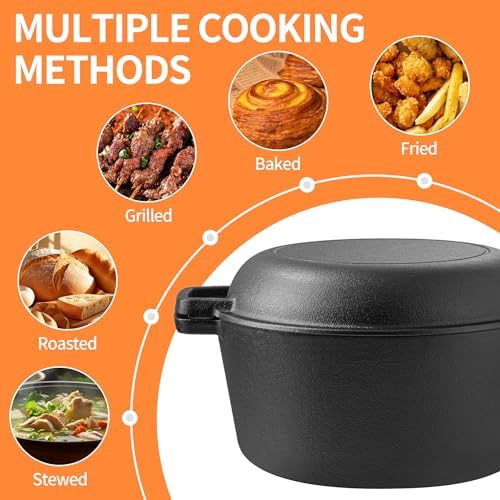 Vivicreate 5 QT Cast Iron Dutch Oven 2 in 1 Pre Seasoned with Skillet Lid Oven Safe Campfire Baking Sourdough Bread Camping Cookware Ollas de Hierro Fundido Para Cocinar Olla de Cocina Grande - Image 4