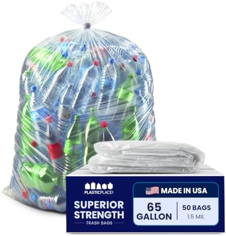 Plasticplace 65 gallon Trash Bags │ 1.5 Mil │ Clear Heavy Duty Garbage Can Liners │ 50” x 48” (50Count) - Image 2