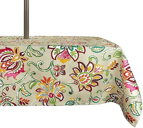 ColorBird Vinyl Tablecloths for Rectangle Tables, 60×84 inch Patio Tablecloth with Umbrella Hole Rectangle Red Bosemia Flower Plastic Table Cloth for Patio Garden Tabletop by ColorBird