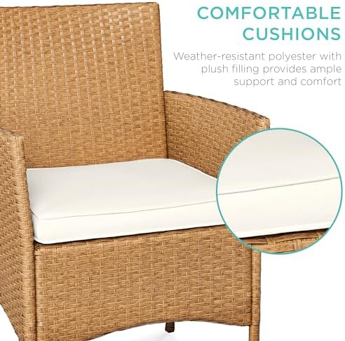 Best Choice Products 3-Piece Outdoor Wicker Conversation Bistro Set, Space Saving Patio Furniture for Garden w/Side Table - Natural/Ivory - Image 4