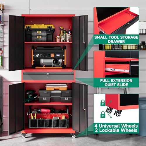 Letaya Metal Garage Storage Cabinet with Wheels,Rolling Tool Cabinet with Adjustable Shelves and Drawer for Garage Home Utility Room (Red) - Image 6