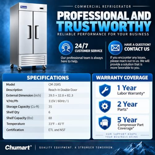 39.5" W Commercial Refrigerator with 2 door Stainless Steel 35 Cu. Ft Reach-in Refrigerator 6 Adjustable shelves Fan Cooling Fridge for Restaurant, Commercial Kitchen, Shop, ETL Certification - Image 7