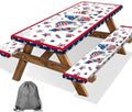 4th of July Picnic Table Cover with Bench Covers, Camping Essentials, Patriotic American Flag Gnomes Stars Table Cover Waterproof Fitted Tablecloth Cover with Elastic Edge for Outdoor 3 PCS 30x72 Inch by Xguatan