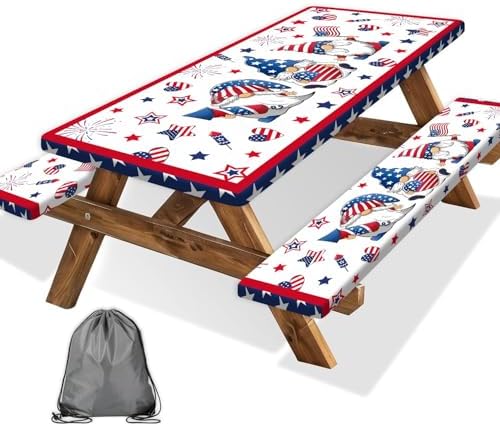 4th of July Picnic Table Cover with Bench Covers, Camping Essentials, Patriotic American Flag Gnomes Stars Table Cover Waterproof Fitted Tablecloth Cover with Elastic Edge for Outdoor 3 PCS 30x72 Inch by Xguatan