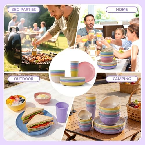 SHECIPIN 24-Piece Wheat Straw Dinnerware Set, Large Round Plates, Bowls and Cups, Unbreakable dish set, Dishwasher and Microwave Safe, Outdoor Camping Dishes - Image 5