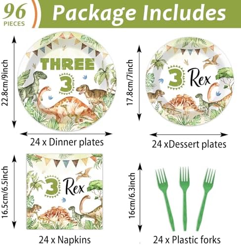 96PCS Dinosaur 3rd Birthday Party Paper Plates and Napkins and Forks Set Watercolor Dino Rex Tableware Set Three Rex Theme Dinnerware Paper Plates for Kids Birthday Gatherings Decorations - Image 2