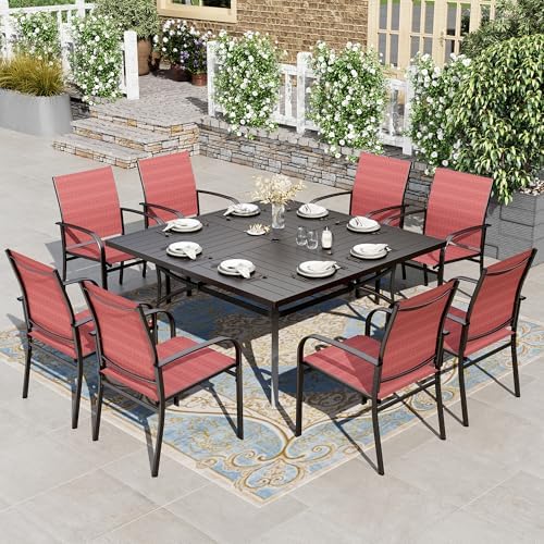 HERA'S HOUSE 9pc Outdoor Patio Dining Set for 8, Textilene Chairs, Red by HERASHOUSE
