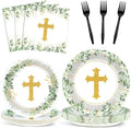 God Bless Tableware Set Baptism Plates First Holy Communion Plates and Napkins Mi Bautizo Eucalyptus Leaves Sage Disposable Dinnerware for Christening Baby Shower Party Supplies Serve 24 by Naozinebi