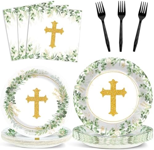 God Bless Tableware Set Baptism Plates First Holy Communion Plates and Napkins Mi Bautizo Eucalyptus Leaves Sage Disposable Dinnerware for Christening Baby Shower Party Supplies Serve 24 by Naozinebi