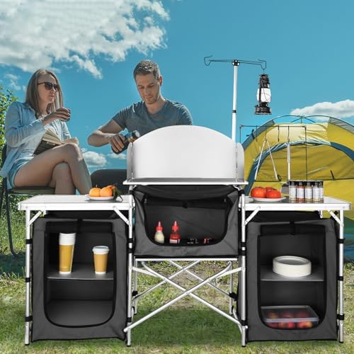 VEVOR Camping Kitchen Table, Folding Outdoor Cooking Table with Storage Carrying Bag, Aluminum Cook Station 3 Cupboard & Detachable Windscreen, Quick Set-up for Picnics, BBQ, RV Traveling, Black - Image 2
