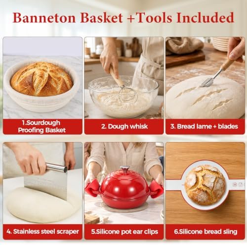 Enameled Cast Iron Dutch Oven 5.5QT with Lid - Complete Sourdough Bread Baking Kit (Banneton Basket, Dough Tools, Silicone Sling) for Artisan Bread - Image 5