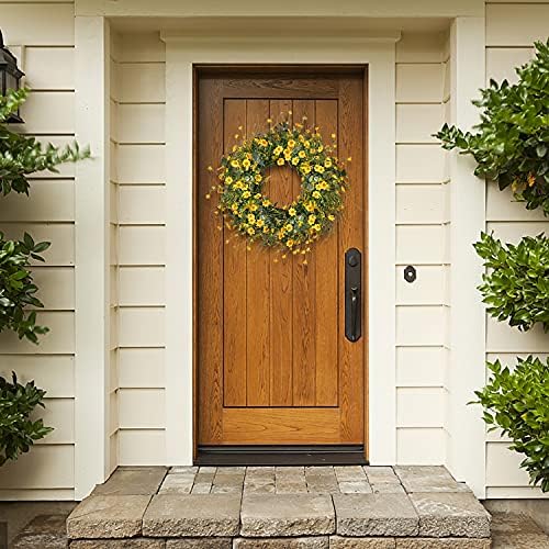 Sggvecsy Yellow Daisy Wreath 24 Inch Spring Summer Wreath Fake Silk Floral Wreath with Green Eucalyptus Leaves and Lavender for Front Door Window Wall Wedding Farmhouse Festival Decor - Image 2