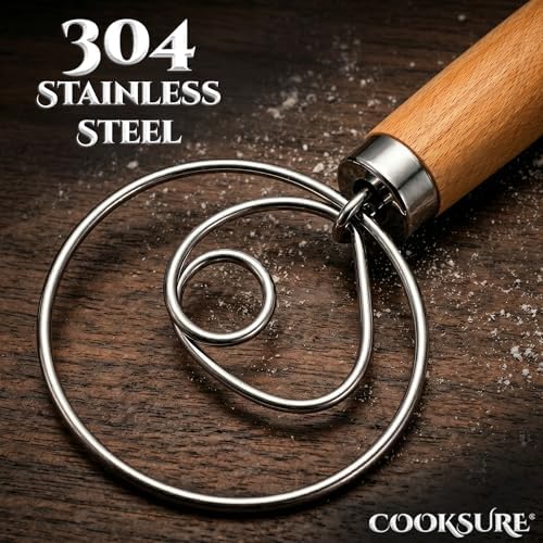 304 Danish Dough Whisk for Sourdough Bread – 13 Inch Bread Whisk with Wooden Handle – 304 Stainless Steel Hook for Heavy Dough Baking, Swedish Dough Whisk Tool - Image 4