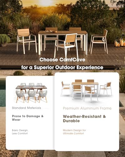 Outdoor Dining Set for 8, Aluminum Patio HDPS Outdooor Table and Chairs Set with Umbrella Hole, All Weather Patio Furniture Set, 10 Peice Patio Dining Table Set (White & Teak) - Image 6