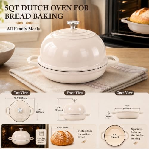 5 Qt Enameled Cast Iron Dutch Oven with Lid for Sourdough Bread Baking - Image 2