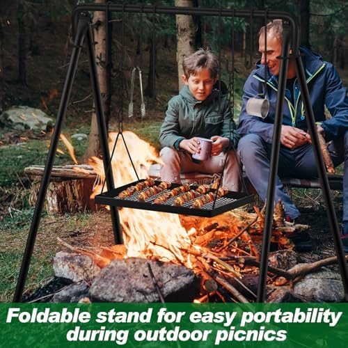 Rossesay Grill Swing Campfire Stand Campfire Cooking Equipment Adjustable Camping Accessories Cookware Hanging Rack with 8 Hooks and Portable Grill Stand for BBQ Picnic Outdoor Party - Image 6