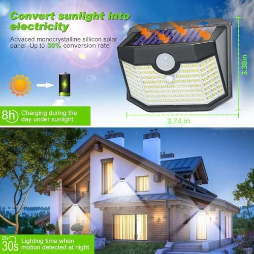 HMCITY 120 LED Outdoor Solar Lights with Motion Sensor and 3 Lighting Modes, IP65 Waterproof Wide Solar Wall Lights Ideal for Garden Patio Yard (Front Button 12Packs, Black Shell-Daylight White) - Image 4