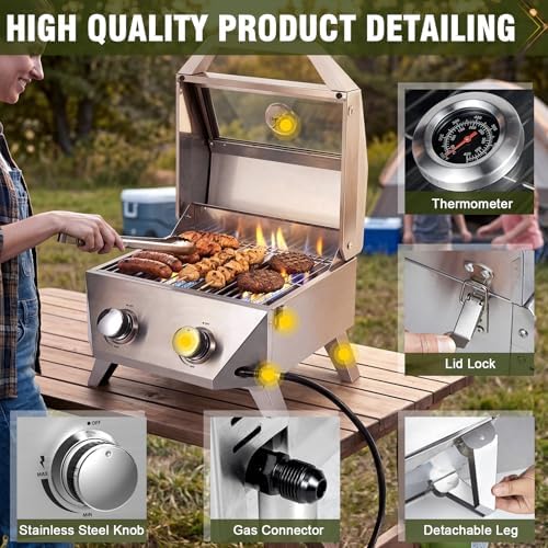 Bestfire 2-Burner Tabletop Gas Grill with Viewing Glass Lid, 20,000 BTU Stainless Steel Portable Propane BBQ Grill, Built-in Thermometer & Push-Button Ignition, for Outdoor Camping, RV, Tailgating - Image 4