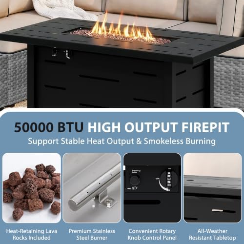 Shintenchi 8 Piece Outdoor Patio Furniture Set with 43 Inch Propane Fire Pit, Washable Cushions, Glass Coffee Table, Waterproof Cover & CSA Certified for Backyard Poolside, Silver PE Rattan/Khaki - Image 5
